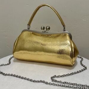 Gold Leather Handmade Kisslock Clutch/Wristlet/Evening Bag/Crossbody